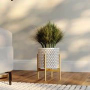 Honeycomb Mid-Century Modern Indoor Metal Pot Planter with 4-Leg Metal Base - 12